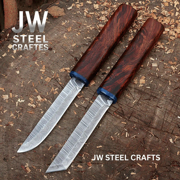 3 - Piece Handmade Knife Set — 5 - Inch Damascus Utility Blades with Rosewood Handles &amp; Interlocking Scabbard handmade Skinner Knife by JW SteelCrafts