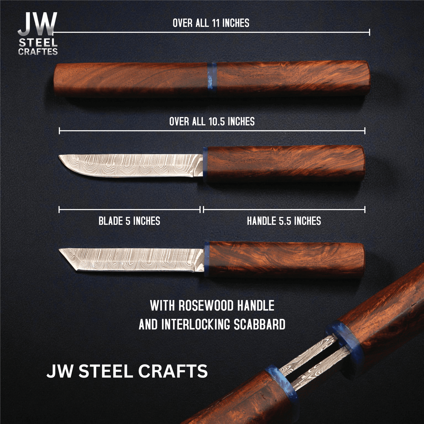 Handmade Damascus Steel Utility Knife with Rosewood Handle & Interlocking Scabbard handmade Chef Knife by JW SteelCrafts