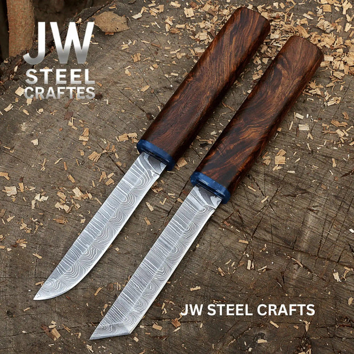 3 - Piece Handmade Knife Set — 5 - Inch Damascus Utility Blades with Rosewood Handles &amp; Interlocking Scabbard handmade Skinner Knife by JW SteelCrafts