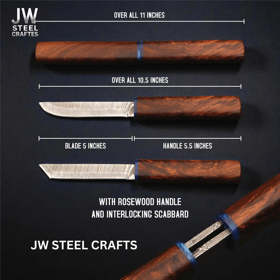 3 - Piece Handmade Knife Set — 5 - Inch Damascus Utility Blades with Rosewood Handles &amp; Interlocking Scabbard handmade Skinner Knife by JW SteelCrafts
