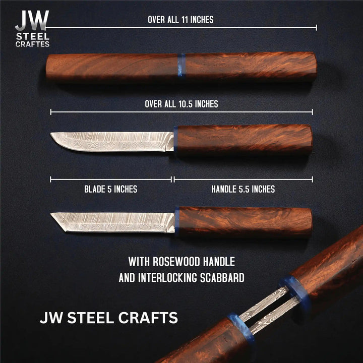 3 - Piece Handmade Knife Set — 5 - Inch Damascus Utility Blades with Rosewood Handles &amp; Interlocking Scabbard handmade Skinner Knife by JW SteelCrafts