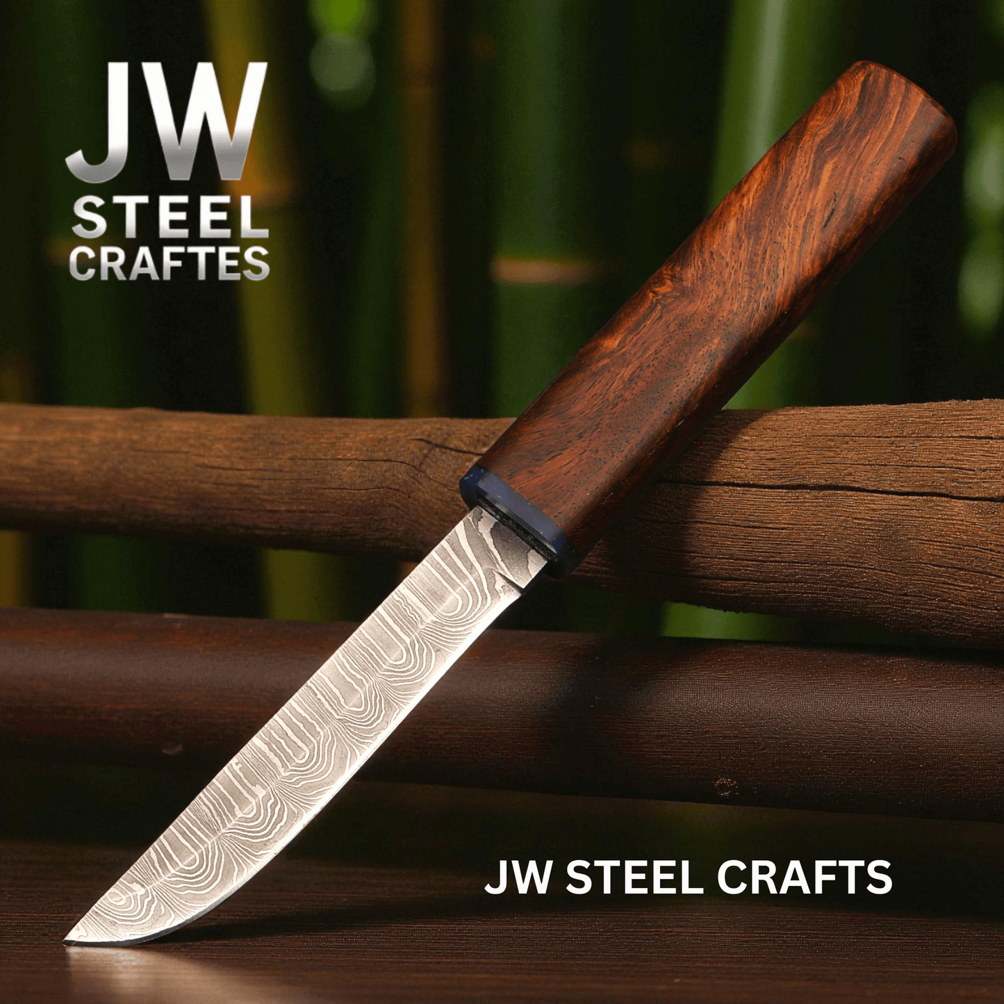 Handmade Damascus Steel Utility Knife with Rosewood Handle & Interlocking Scabbard handmade Chef Knife by JW SteelCrafts