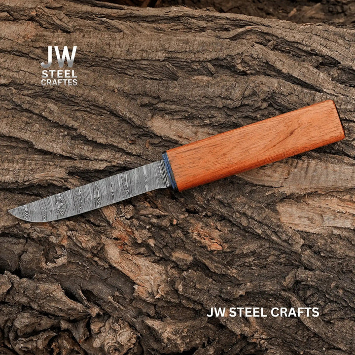 3 - Piece Handmade Knife Set — 5 - Inch Damascus Utility Blades with Rosewood Handles &amp; Interlocking Scabbard handmade Skinner Knife by JW SteelCrafts