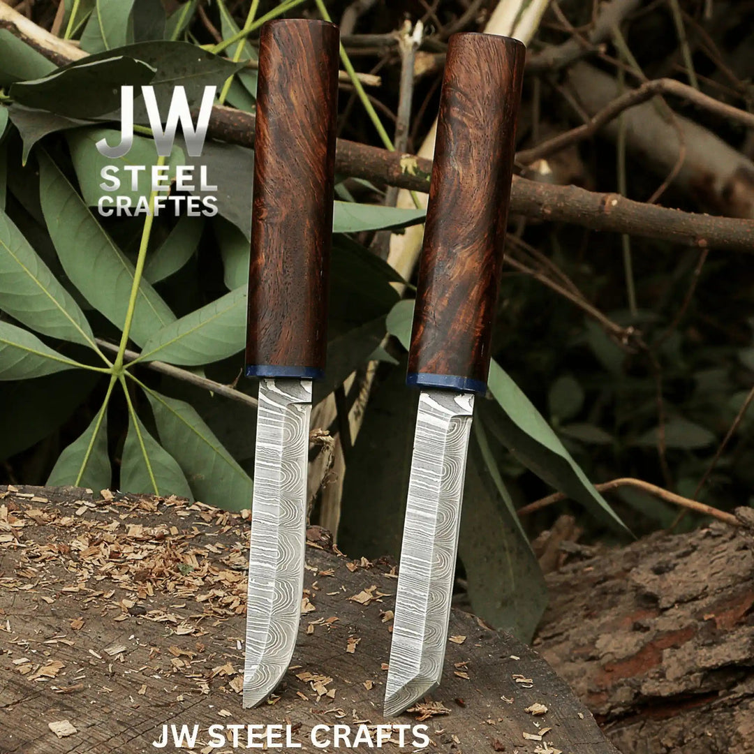 3 - Piece Handmade Knife Set — 5 - Inch Damascus Utility Blades with Rosewood Handles &amp; Interlocking Scabbard handmade Skinner Knife by JW SteelCrafts