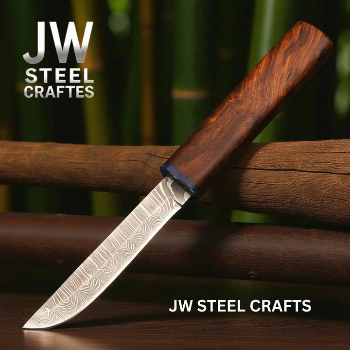3 - Piece Handmade Knife Set — 5 - Inch Damascus Utility Blades with Rosewood Handles &amp; Interlocking Scabbard handmade Skinner Knife by JW SteelCrafts