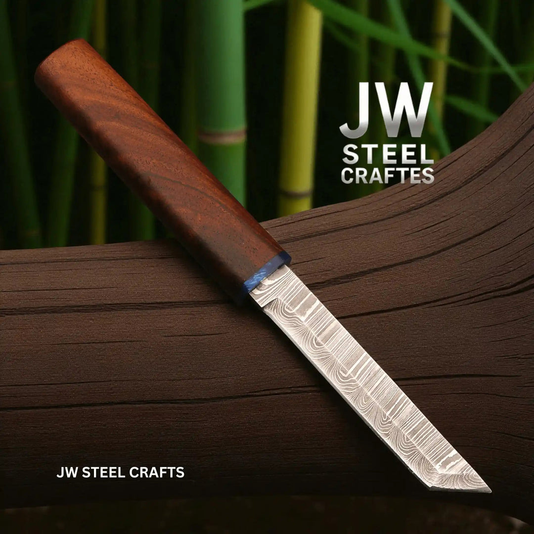 3 - Piece Handmade Knife Set — 5 - Inch Damascus Utility Blades with Rosewood Handles &amp; Interlocking Scabbard handmade Skinner Knife by JW SteelCrafts