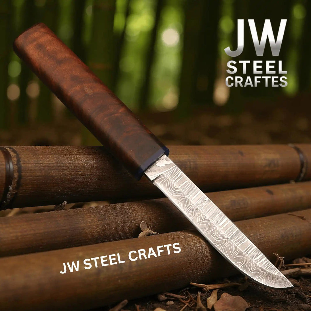 3 - Piece Handmade Knife Set — 5 - Inch Damascus Utility Blades with Rosewood Handles &amp; Interlocking Scabbard handmade Skinner Knife by JW SteelCrafts