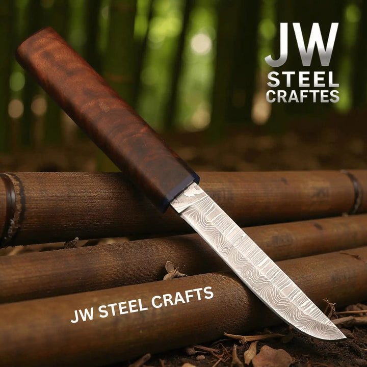 3 - Piece Handmade Knife Set — 5 - Inch Damascus Utility Blades with Rosewood Handles &amp; Interlocking Scabbard handmade Skinner Knife by JW SteelCrafts