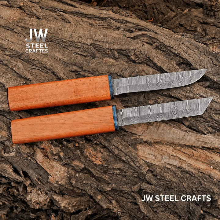 3 - Piece Handmade Knife Set — 5 - Inch Damascus Utility Blades with Rosewood Handles &amp; Interlocking Scabbard handmade Skinner Knife by JW SteelCrafts