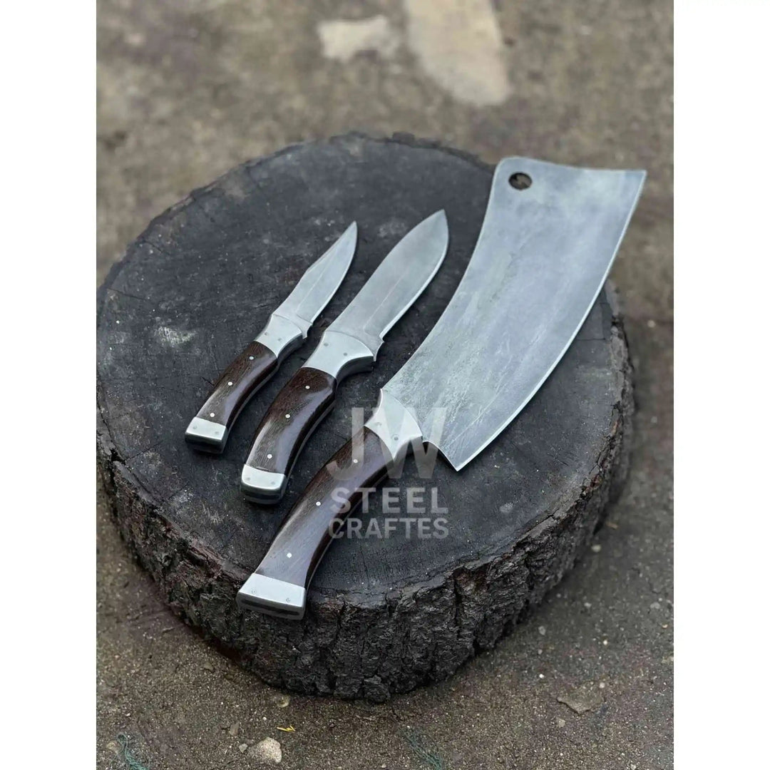 3 - Piece Handmade Steel Kitchen &amp; Outdoor Utility Knife Set – Dark Wood Handles handmade Handmade Chef Knife Sets by JW SteelCrafts