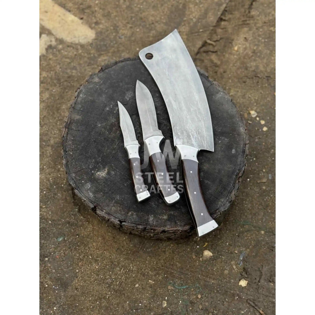 3 - Piece Handmade Steel Kitchen &amp; Outdoor Utility Knife Set – Dark Wood Handles handmade Handmade Chef Knife Sets by JW SteelCrafts