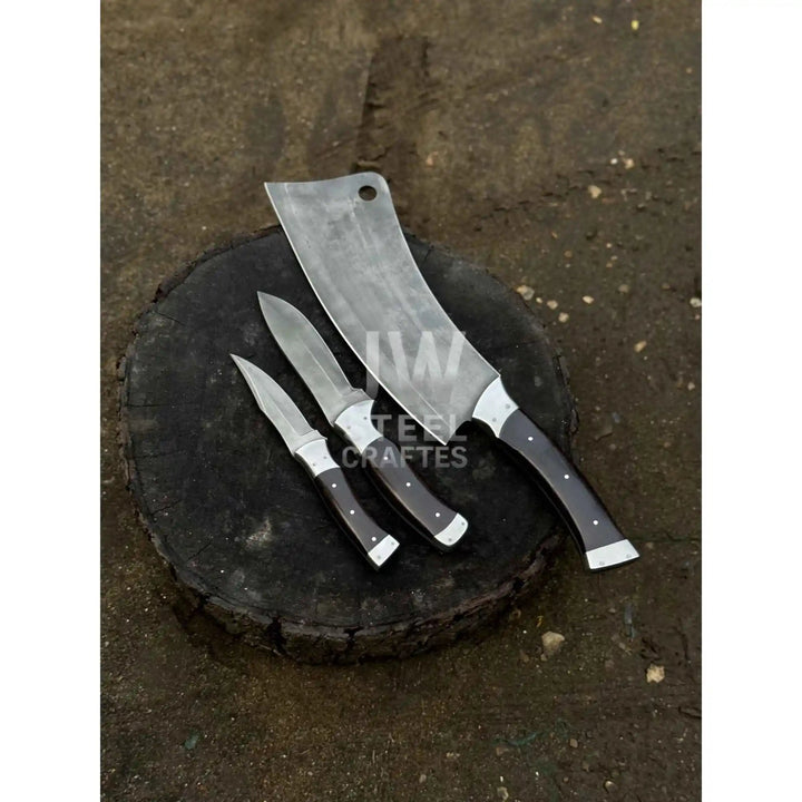 3 - Piece Handmade Steel Kitchen &amp; Outdoor Utility Knife Set – Dark Wood Handles handmade Handmade Chef Knife Sets by JW SteelCrafts