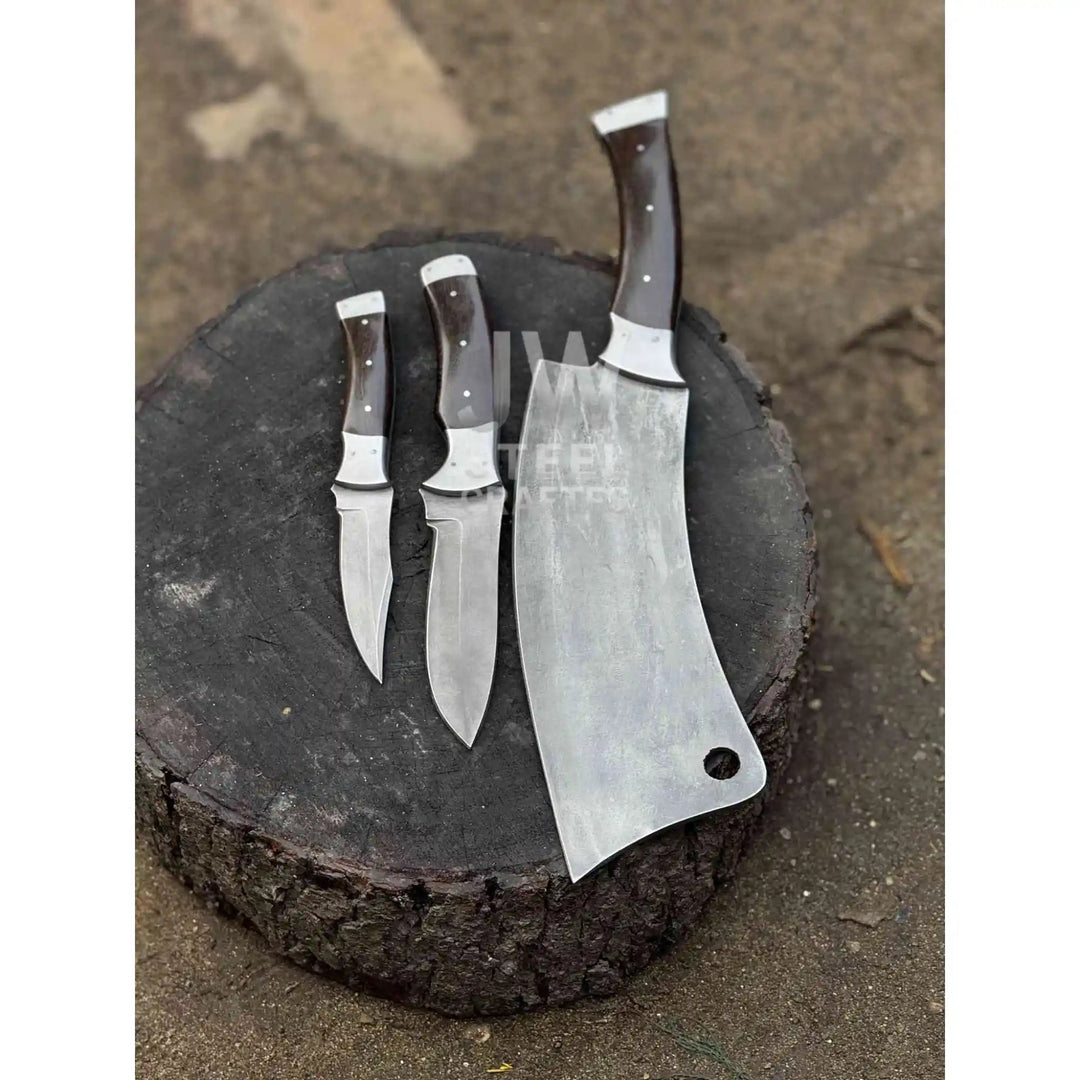 3 - Piece Handmade Steel Kitchen &amp; Outdoor Utility Knife Set – Dark Wood Handles handmade Handmade Chef Knife Sets by JW SteelCrafts