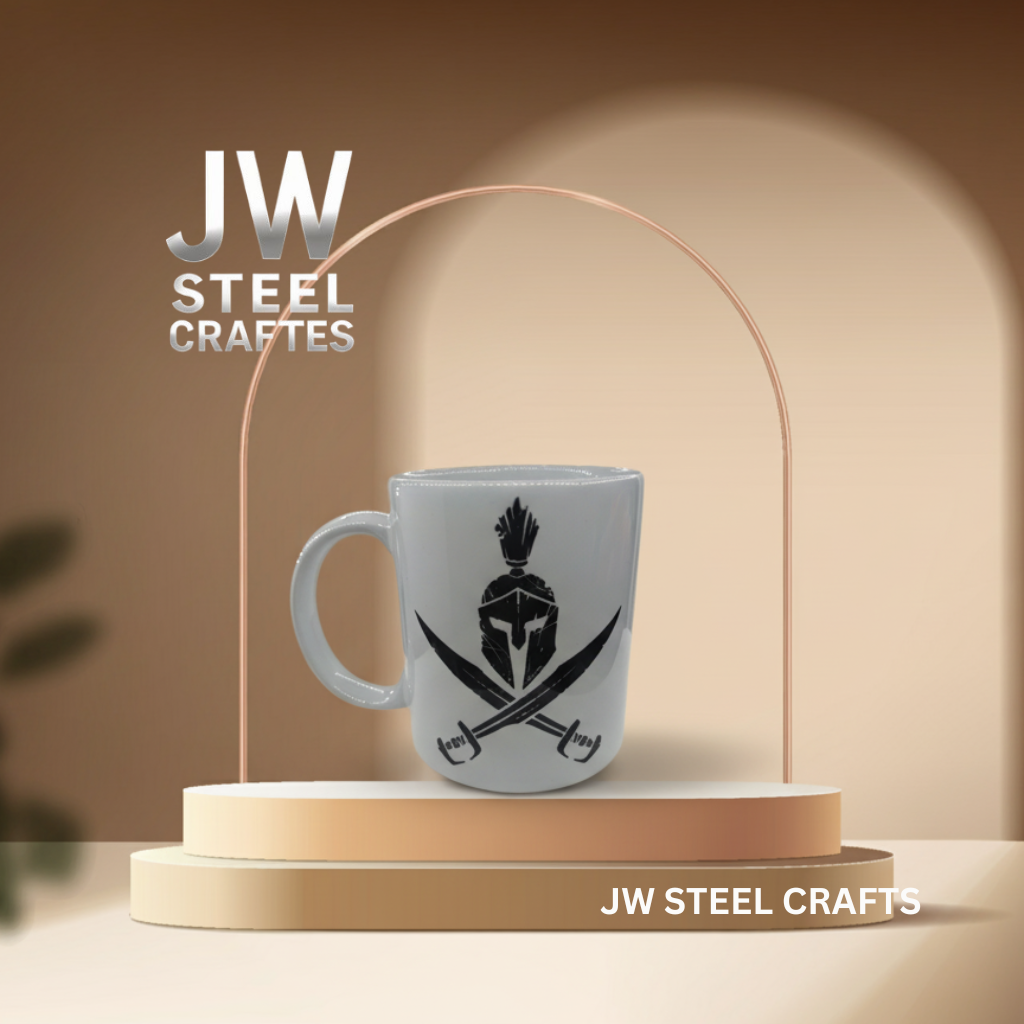 White Ceramic Mug with Heritage Art Print – Handcrafted Coffee Cup | JW Steel Crafts