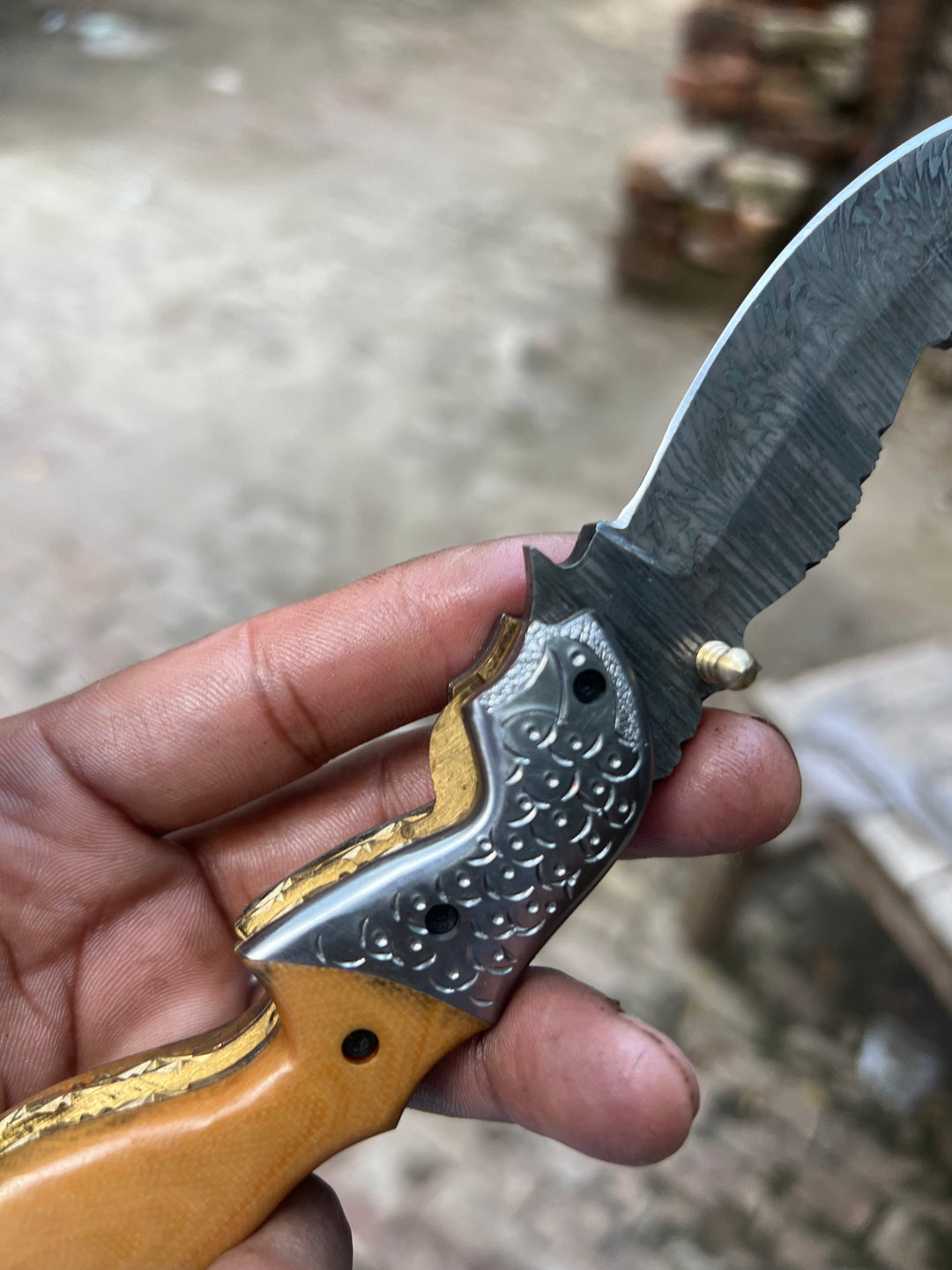 Honeywood Hawkbill Folder Knife 8" Handmade Wood Handle Damascus Blade