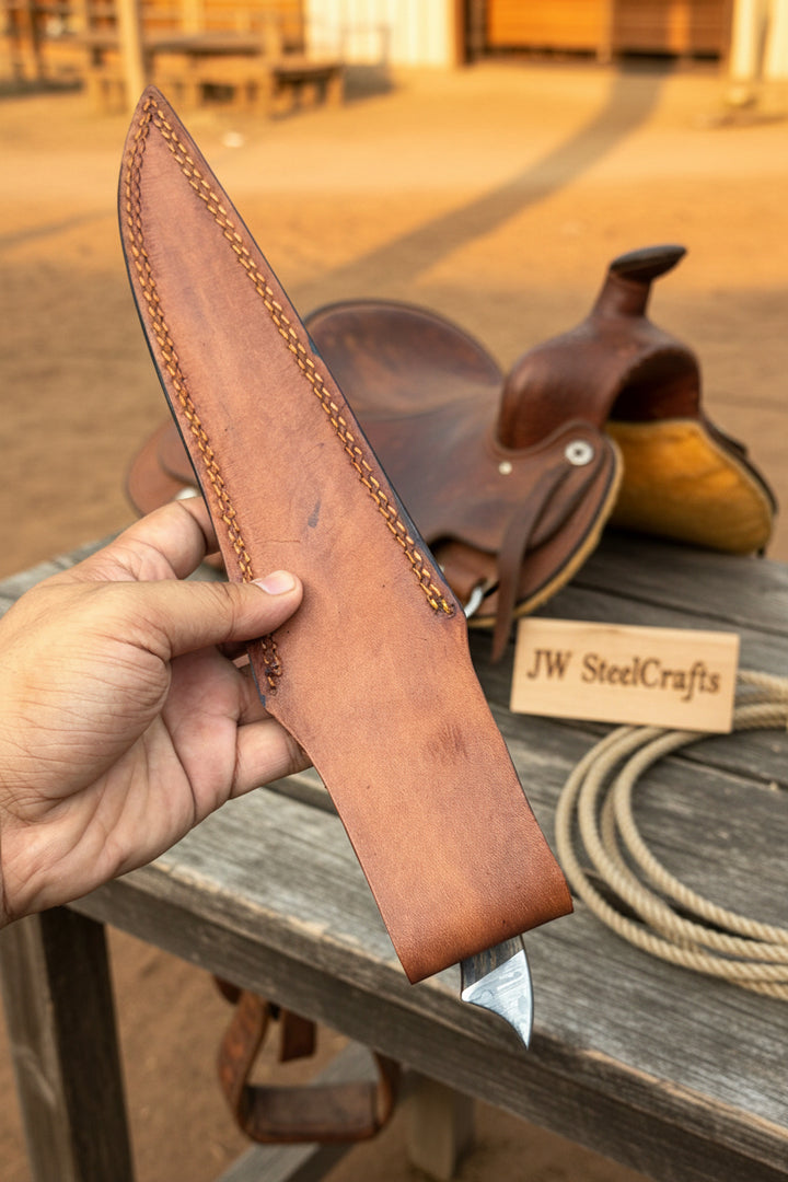 Handmade 13 Inch Overall Damascus Steel Fillet Knife –  Full Tang Fishing Knife with Hardwood Handle and Leather Sheath.