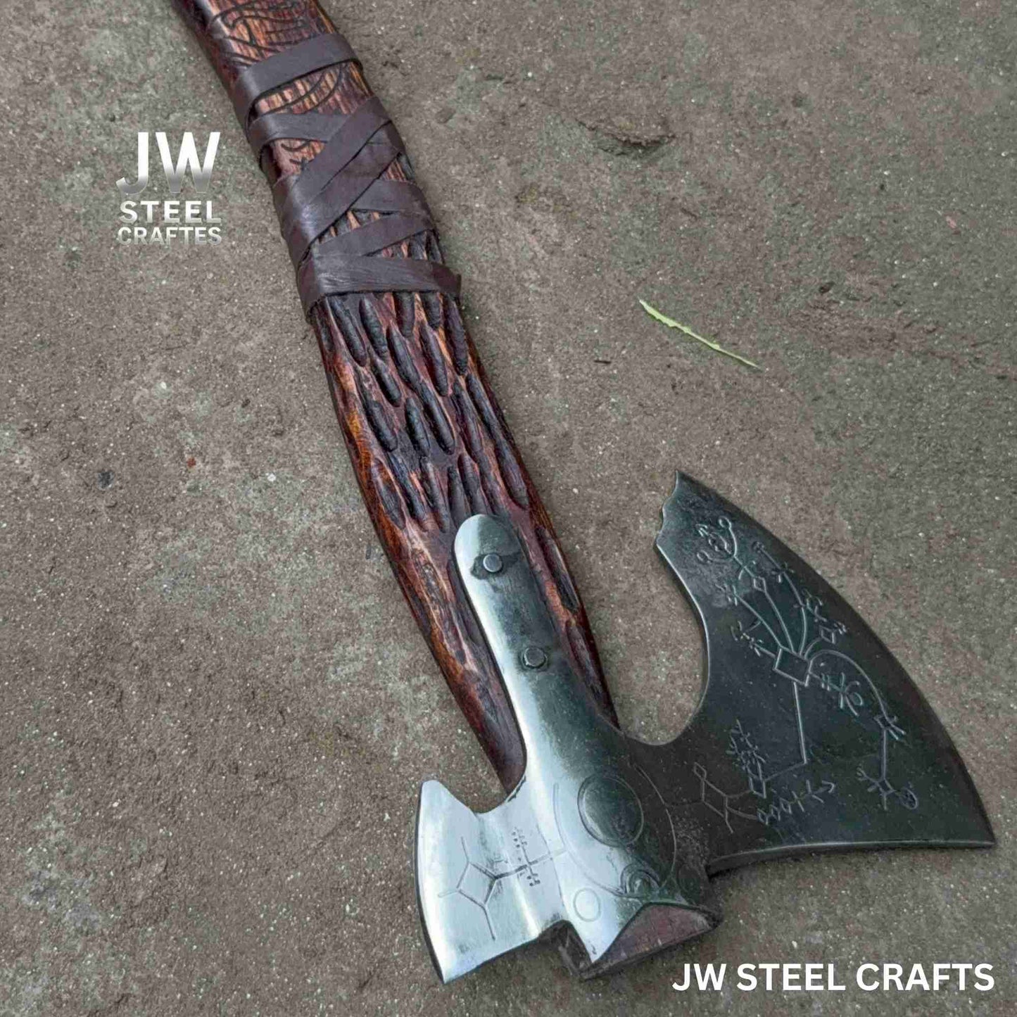 Hand-Forged Viking Axe – Rune Engraved Steel Blade & Carved Wooden Handle