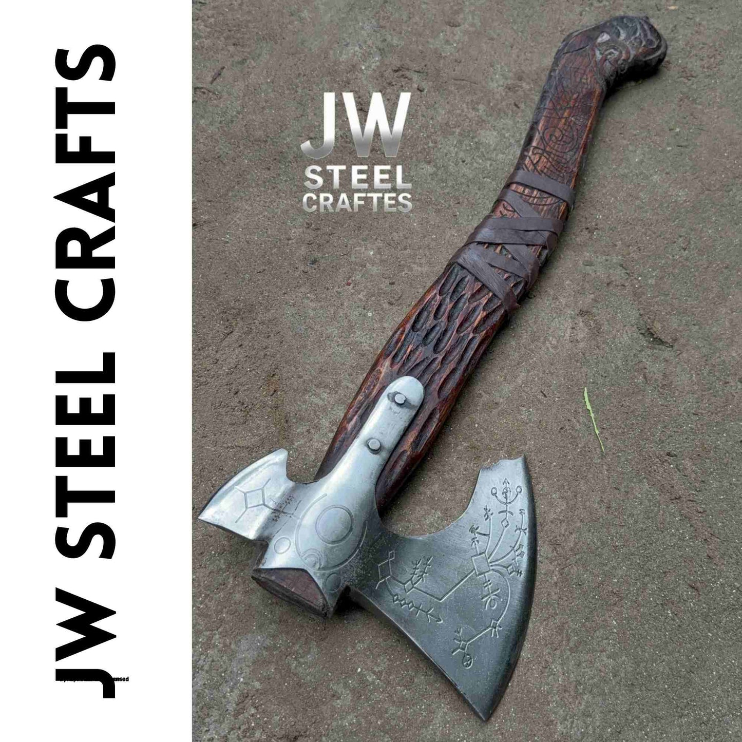 Hand-Forged Viking Axe – Rune Engraved Steel Blade & Carved Wooden Handle