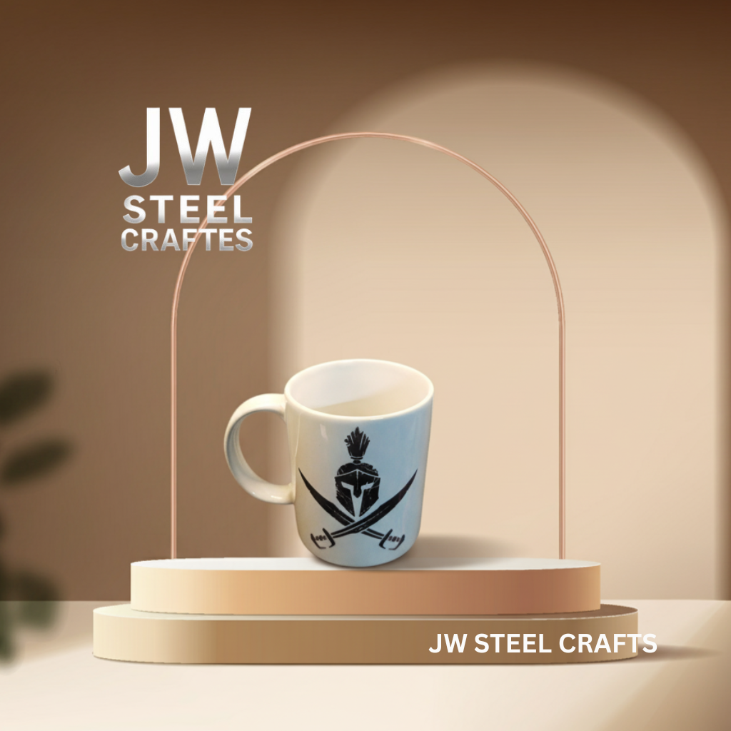 White Ceramic Mug with Heritage Art Print – Handcrafted Coffee Cup | JW Steel Crafts