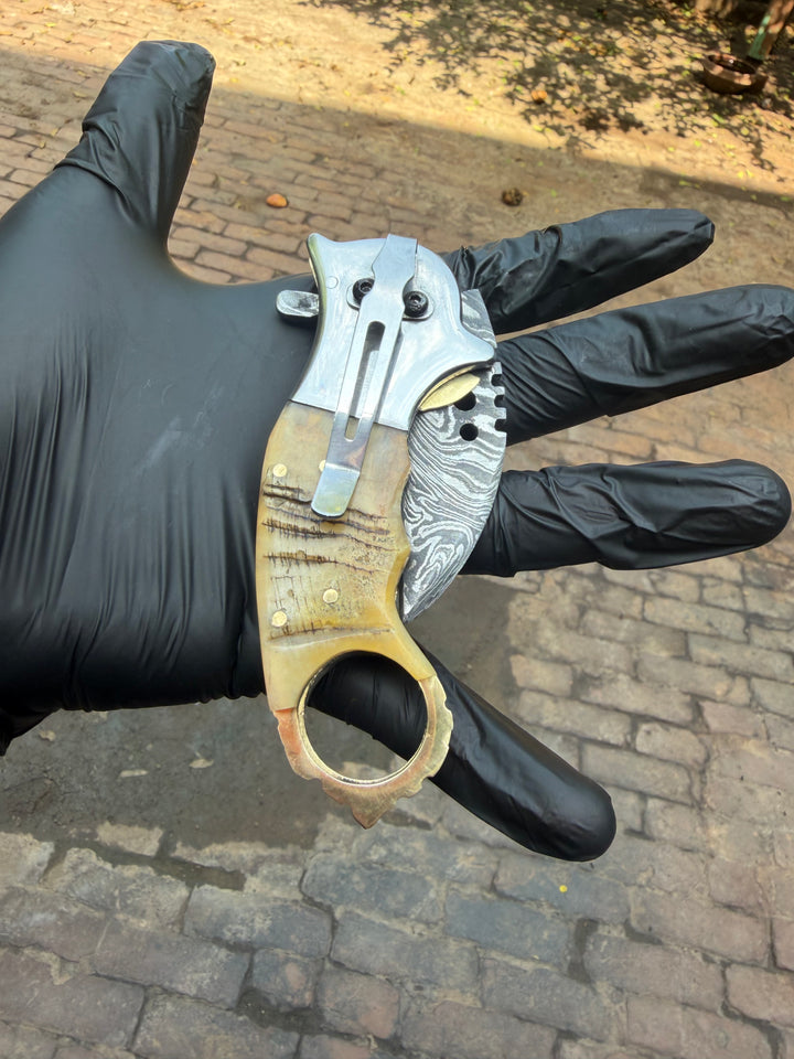Wolf Claw Damascus Folding Karambit with Engraved Wolf Bolster&amp;nbsp;