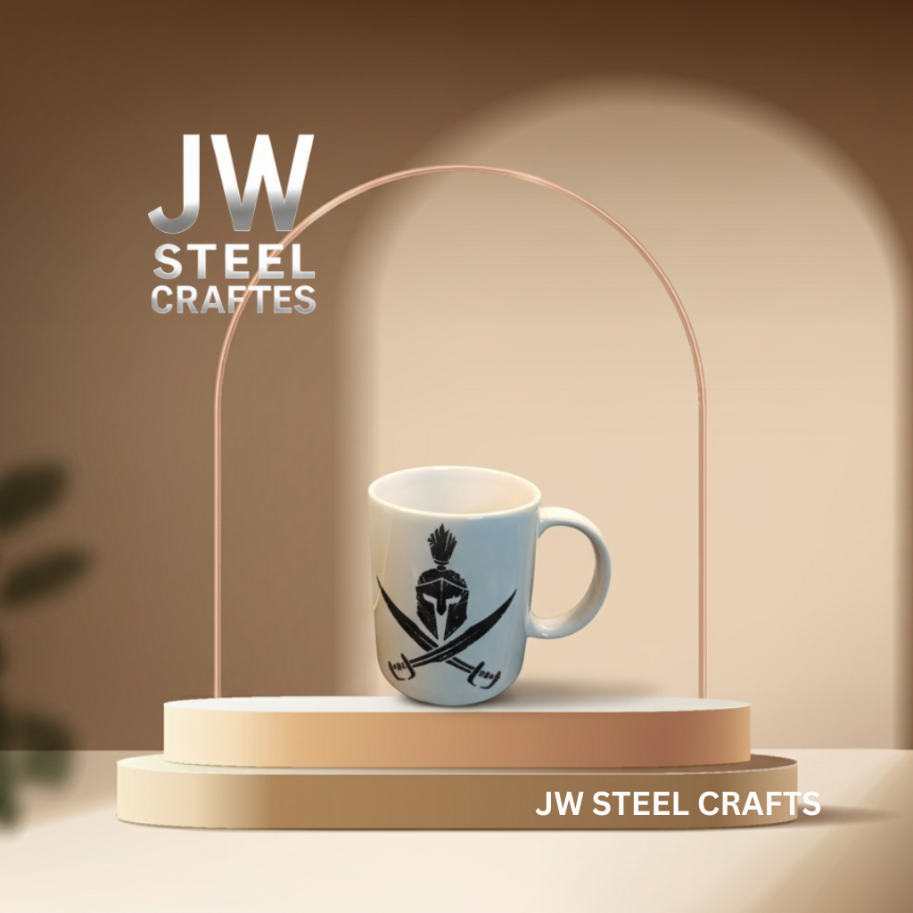 White Ceramic Mug with Heritage Art Print – Handcrafted Coffee Cup | JW Steel Crafts