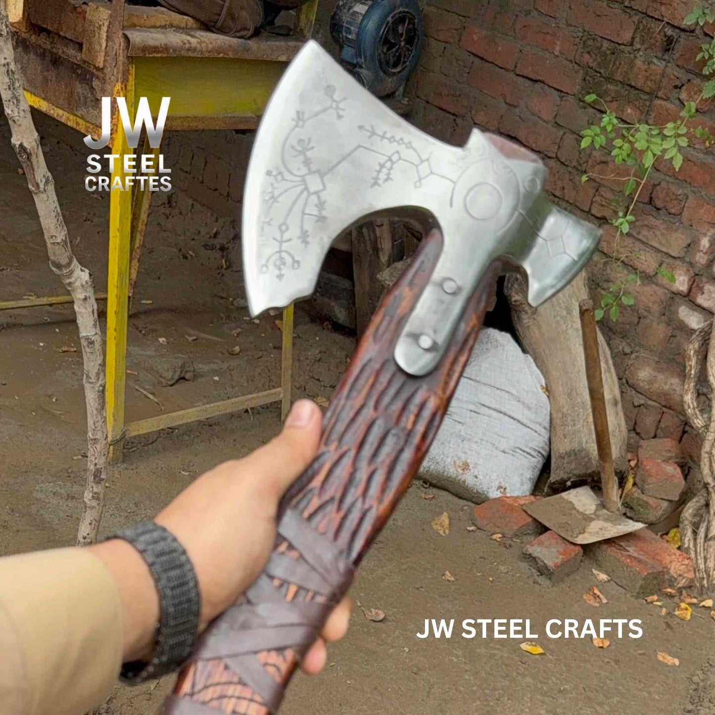 Hand-Forged Viking Axe – Rune Engraved Steel Blade & Carved Wooden Handle