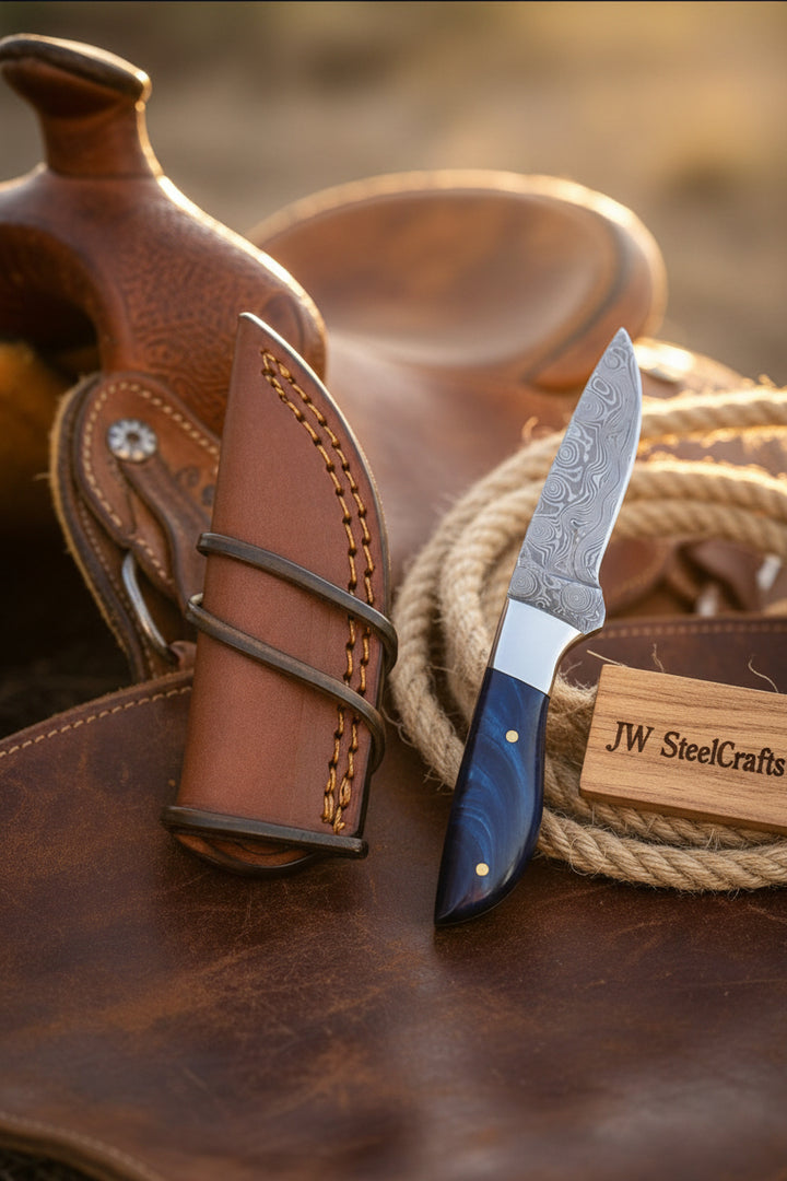 Cobalt Trail Caper Knife 10" Handmade Damascus Blue Resin Handle