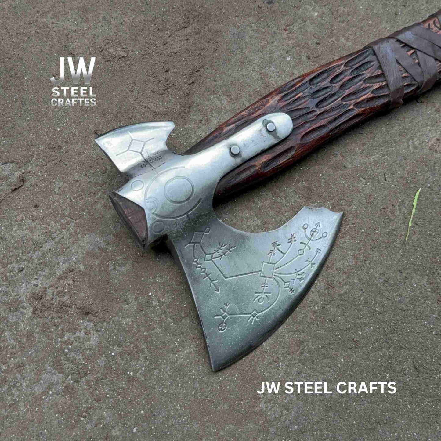 Hand-Forged Viking Axe – Rune Engraved Steel Blade & Carved Wooden Handle