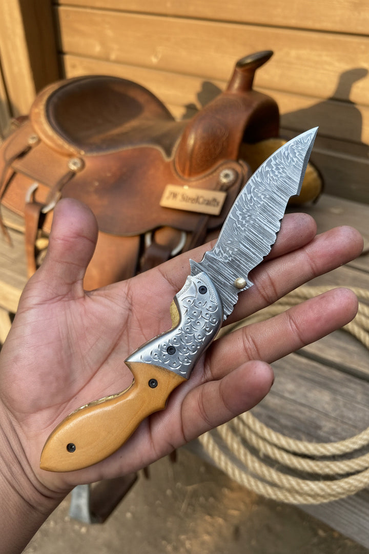 Honeywood Hawkbill Folder Knife 8" Handmade Wood Handle Damascus Blade