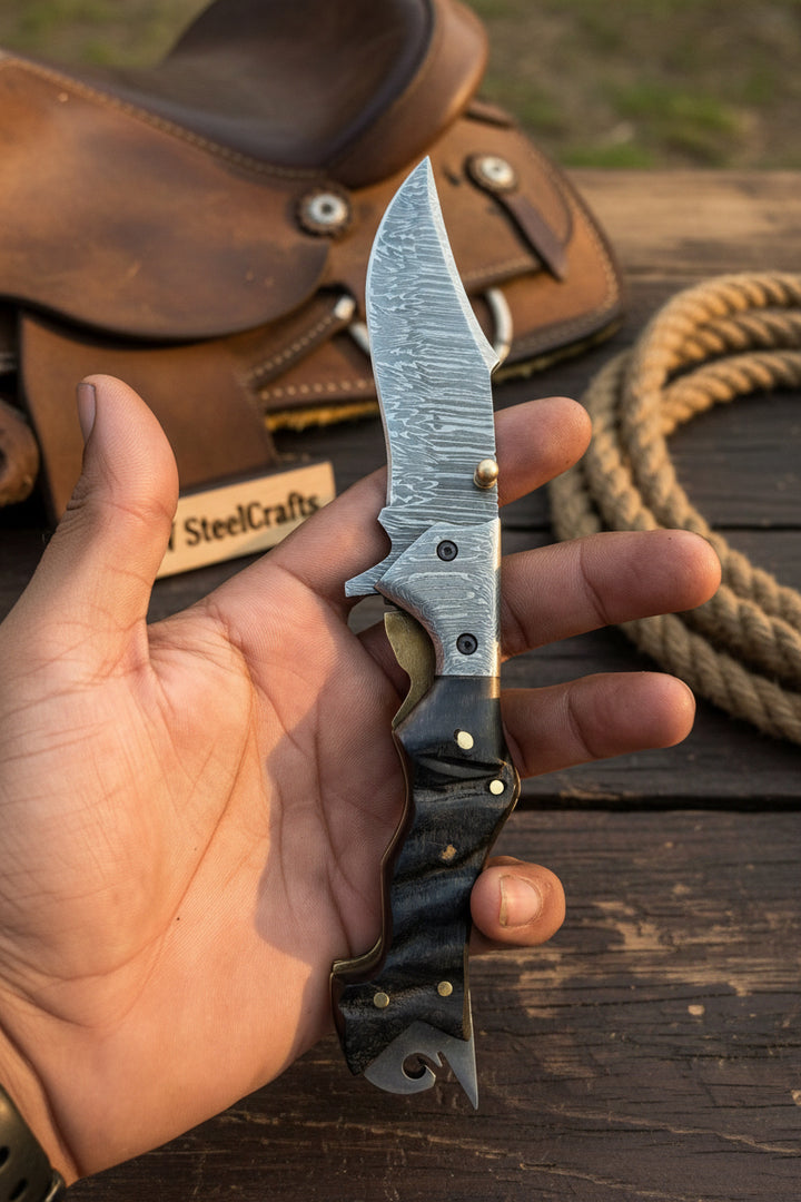 Grithorn Damascus Folder 7" Handmade Horn Handle Lock Back Mechanism