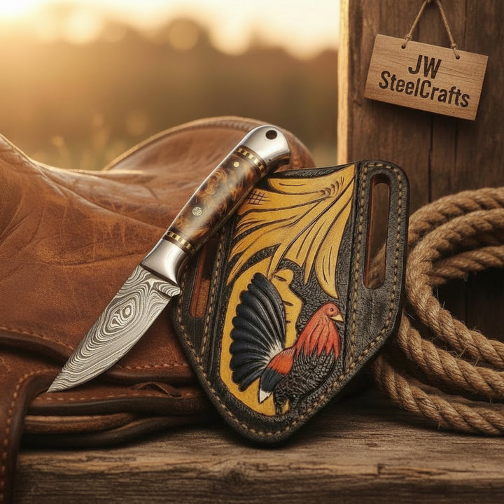 Amber Burl Buckaroo Knife 7" Handmade Damascus Steel with wood handle