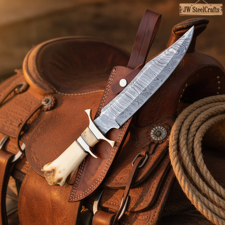 Frontier Stag Bowie Knife 10" Handmade Damascus Stag Antler Handle