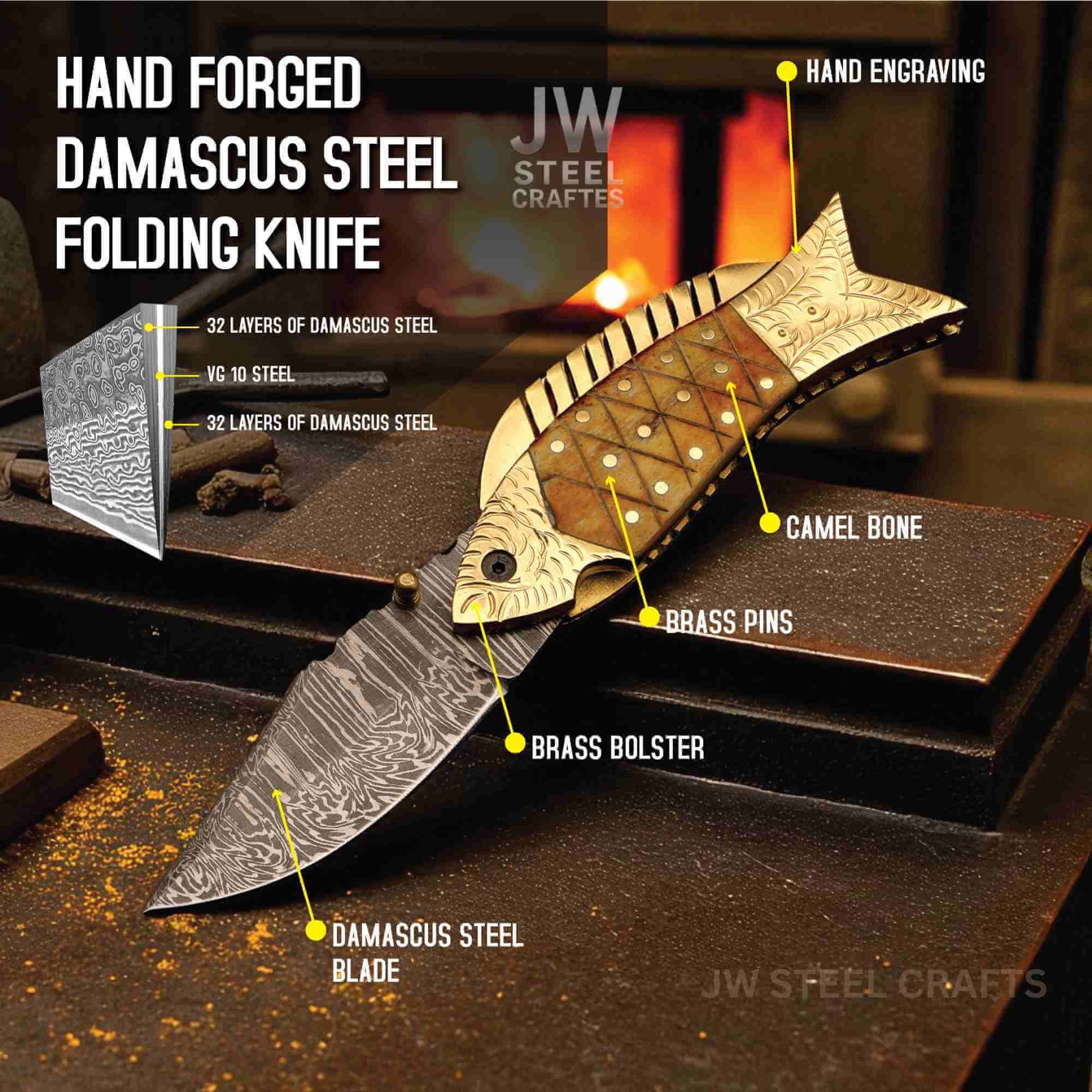 Hand-forged Damascus steel folding knife by JW SteelCrafts with engraved brass bolster, camel bone handle, brass pins, and patterned Damascus blade, shown with labeled materials and construction details.