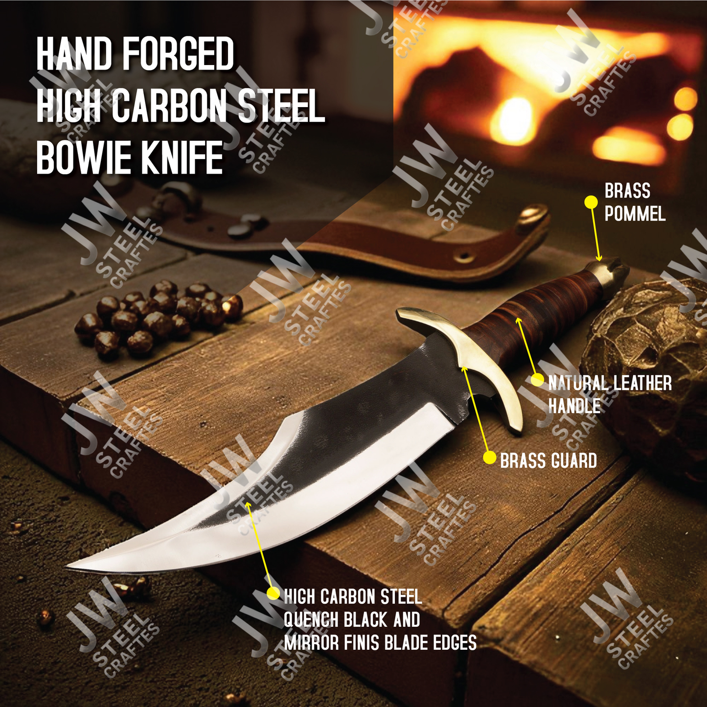 Hand Forged High Carbon Steel Bowie Knife with Leather Handle, Brass Guard & Sheath – Hunting, Camping, Collectors Knife