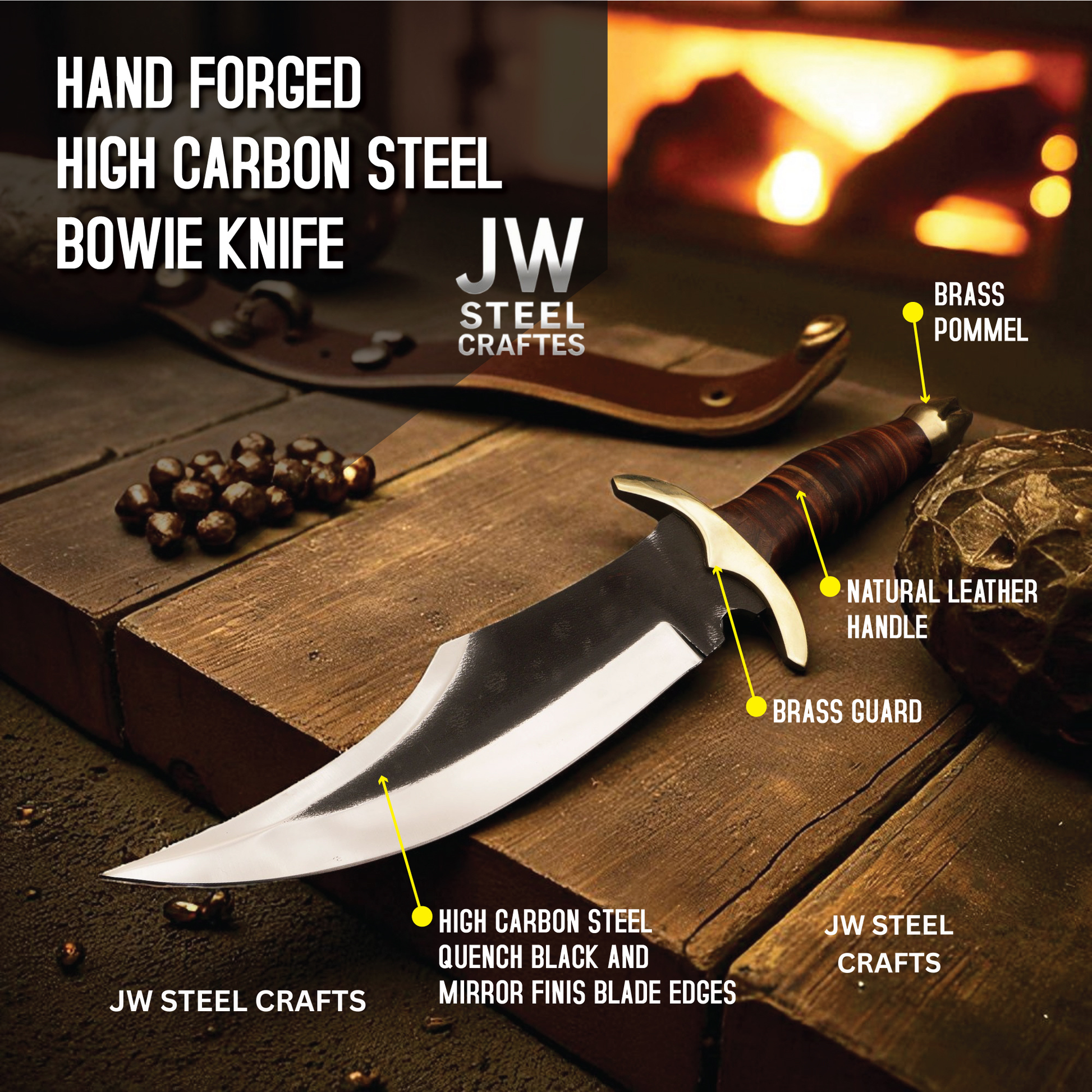 Hand forged high carbon steel Bowie knife with detailed features on a wooden surface, branded as JW Steel Crafts.