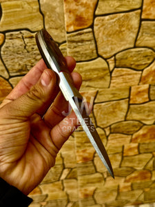 Handmade Damascus Steel EDC Knife with Horn Handle & Leather Sheath – Compact Utility Blade