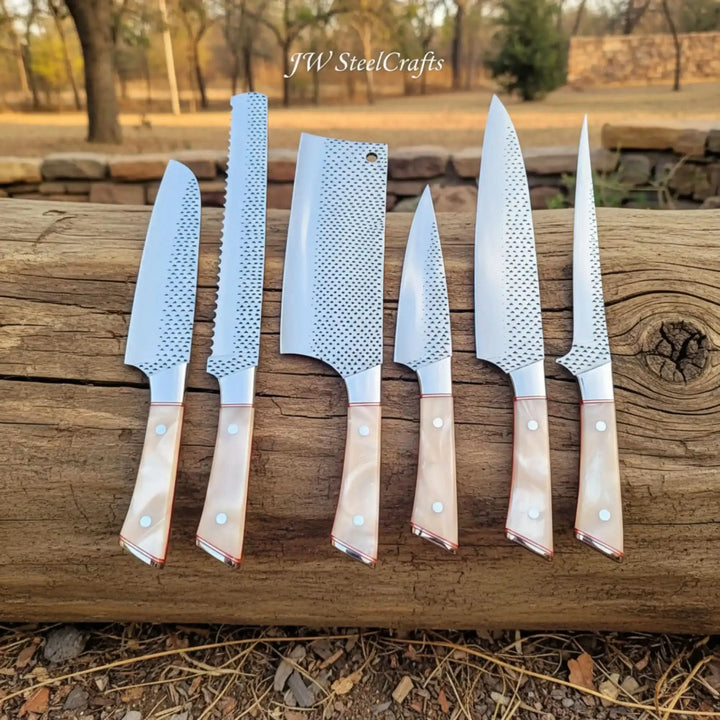 6-Piece Rasp Steel Kitchen Knife Set — Dimple Textured Blades, Cream Resin Handles, Copper Bolsters &amp; Steel Pommels