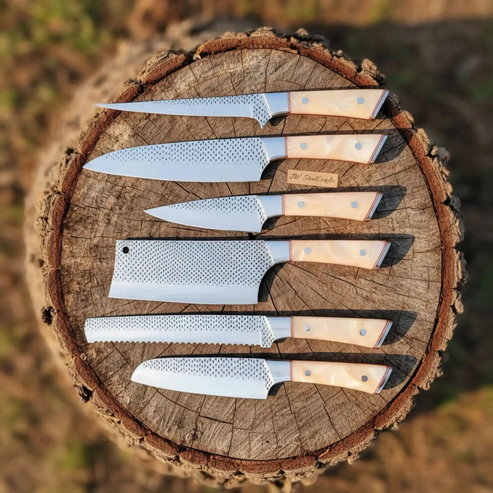 6-Piece Rasp Steel Kitchen Knife Set — Dimple Textured Blades, Cream Resin Handles, Copper Bolsters &amp; Steel Pommels