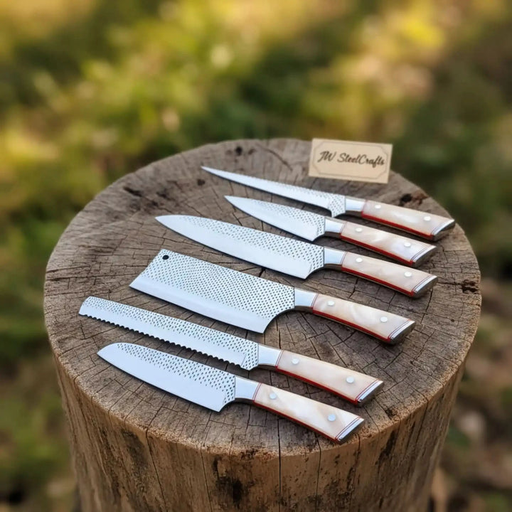6-Piece Rasp Steel Kitchen Knife Set — Dimple Textured Blades, Cream Resin Handles, Copper Bolsters &amp; Steel Pommels