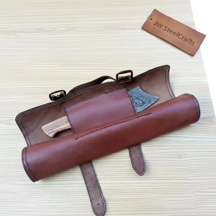 4 Piece Damascus Kitchen Knife Set with Olive Wood Handles and Leather Roll, Chef Santoku Utility and Cleaver Handmade Cooking Knives handmade Handmade Chef Knife Sets by JW SteelCrafts