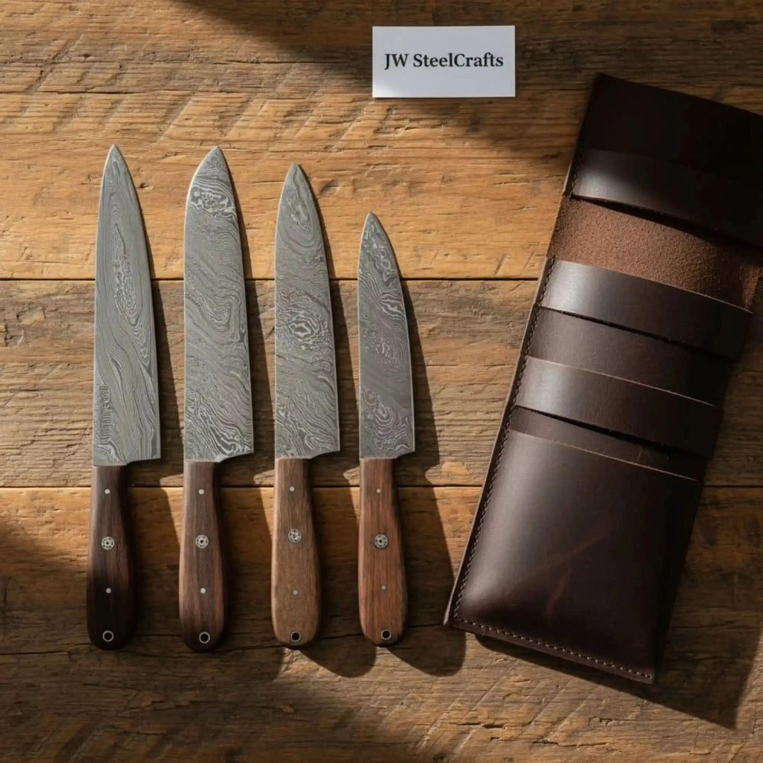 Handcrafted Damascus kitchen knives with patterned steel blades and polished wood grips.