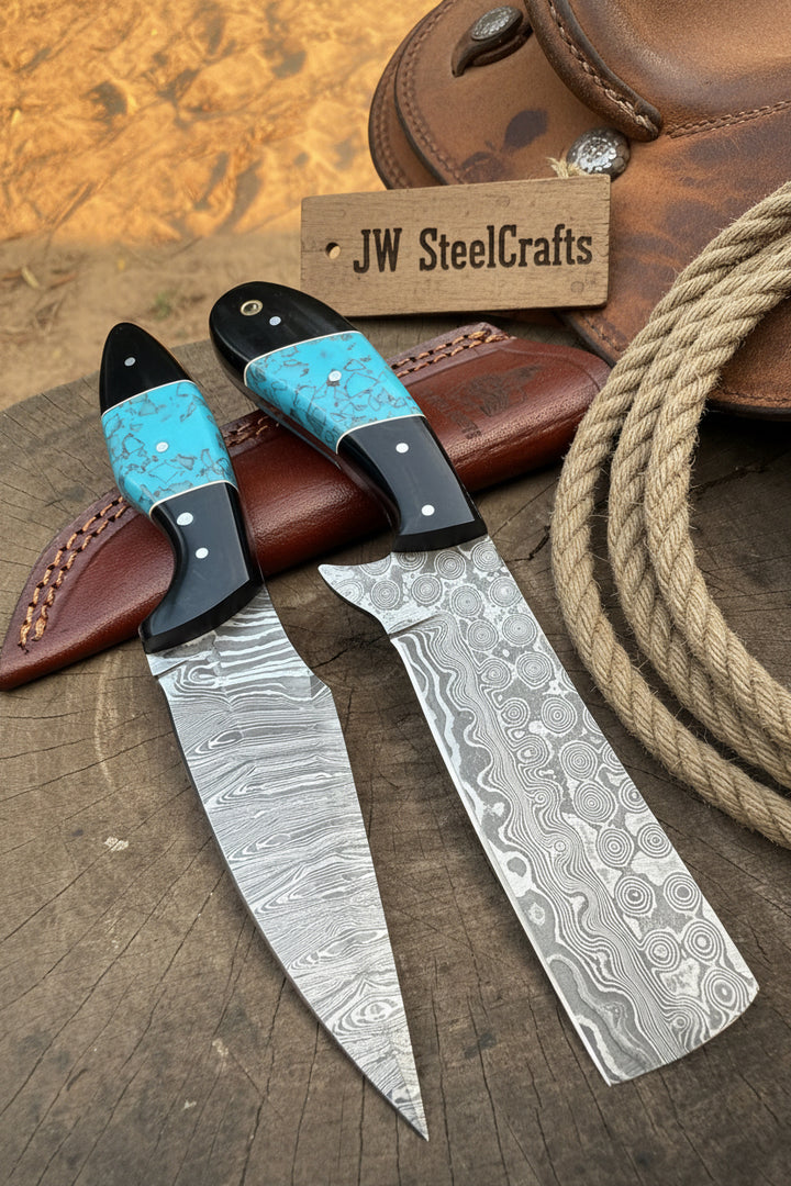 Handmade Damascus Skinner 7”–8” Knife Set Cowboy Ranch Blades Turquoise Handle with Sheath