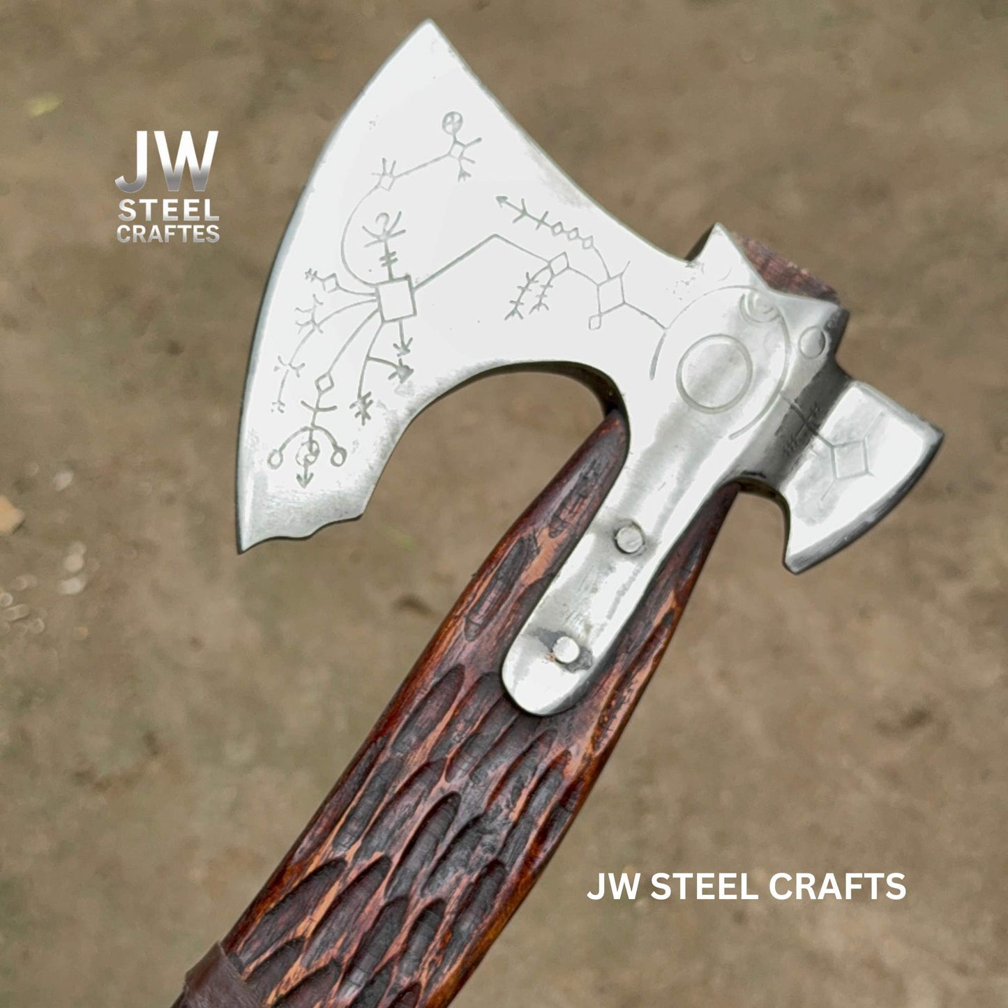 Hand-Forged Viking Axe – Rune Engraved Steel Blade & Carved Wooden Handle