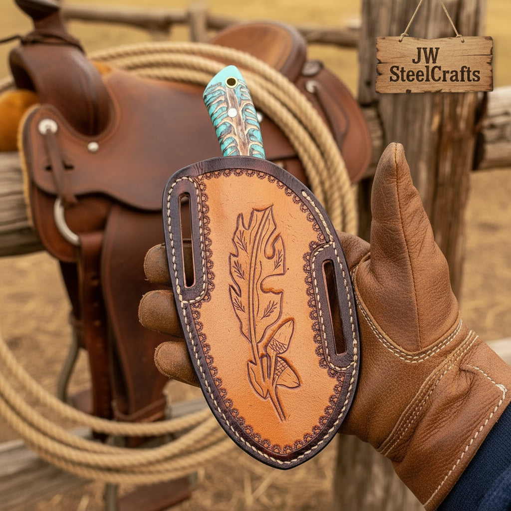 Turquoise Cowboy Silhouette Skinner Knife 7" Handmade Damascus Resin Handle