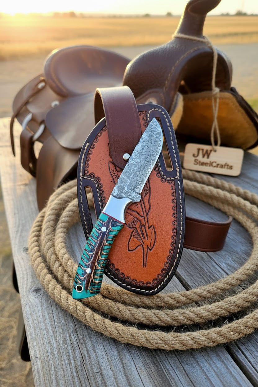 Turquoise Cowboy Silhouette Skinner Knife 7" Handmade Damascus Resin Handle