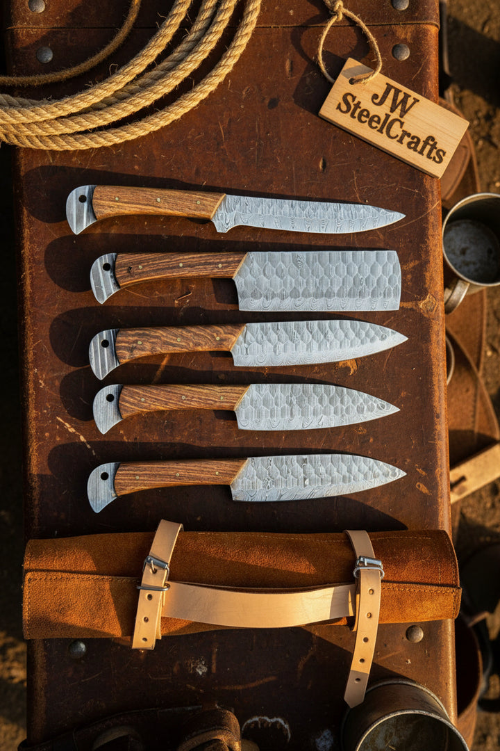 Hand Forged Damascus Chef Knife Set, Natural Wood Handle, Full Tang Kitchen Knife Collection