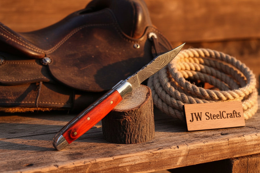 Redsaddle Folding Knife 7" Handmade Damascus Steel Pocket Knife
