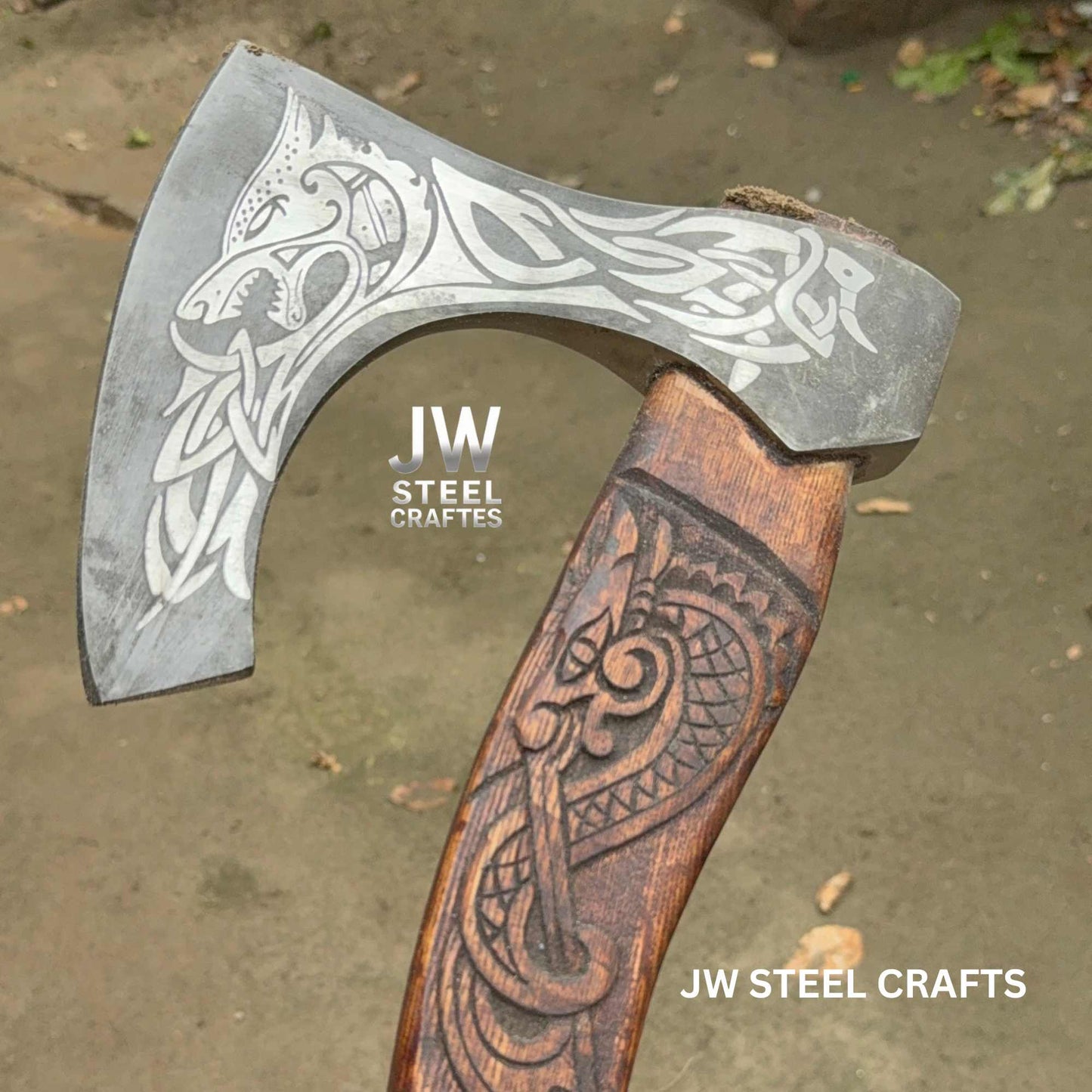 Hand-Forged Viking Axe – Wolf Engraved Steel Blade & Carved Wood Handle