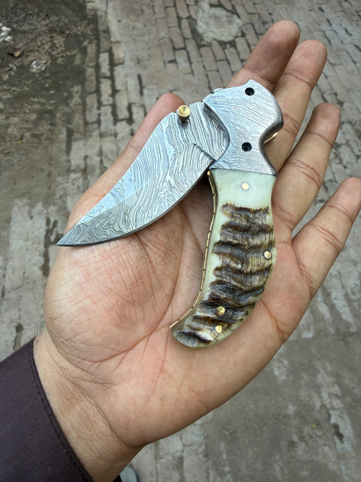 Pearlridge Damascus Folder 7" Handmade Mother of Pearl Lock Back