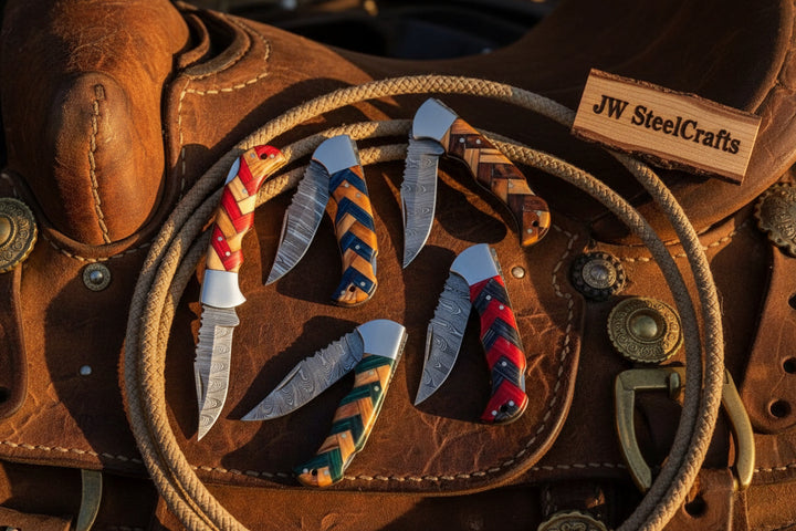Wovencord Pocket Knife Set 8.5" Handmade Set of 5 Damascus Steel Blades